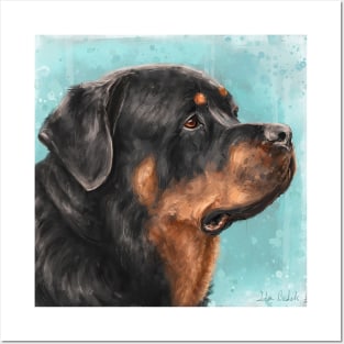 Painting of an Adorable Rottweiler from the Side, Light Blue Spattered Background Posters and Art